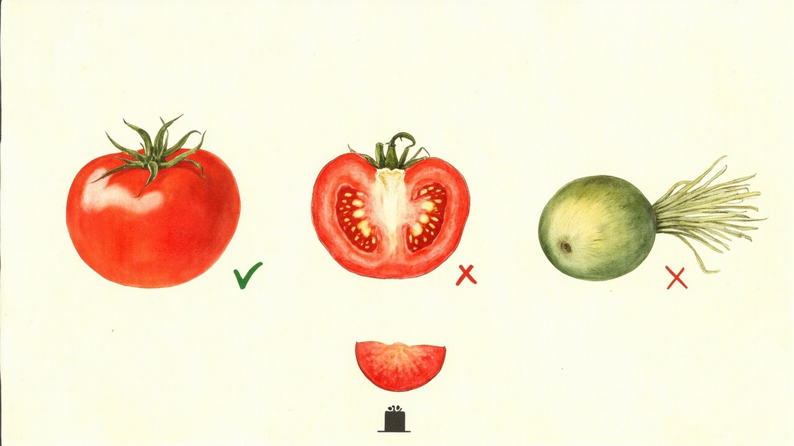 Ripe red Roma tomato on a wooden cutting board with leaves and stems clearly separated and a thumbnail-size slice marked for guinea pig portion size