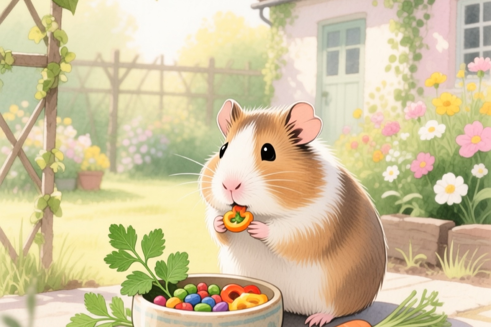 Garden-inspired guinea pig food pellets showing herb flecks with garden vegetables