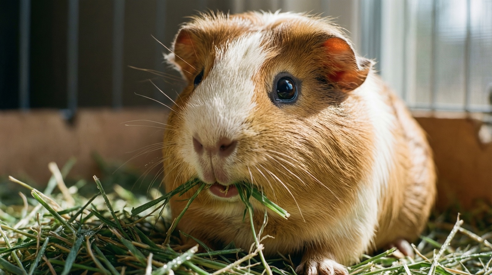 A guinea pig eating fresh green timothy hay