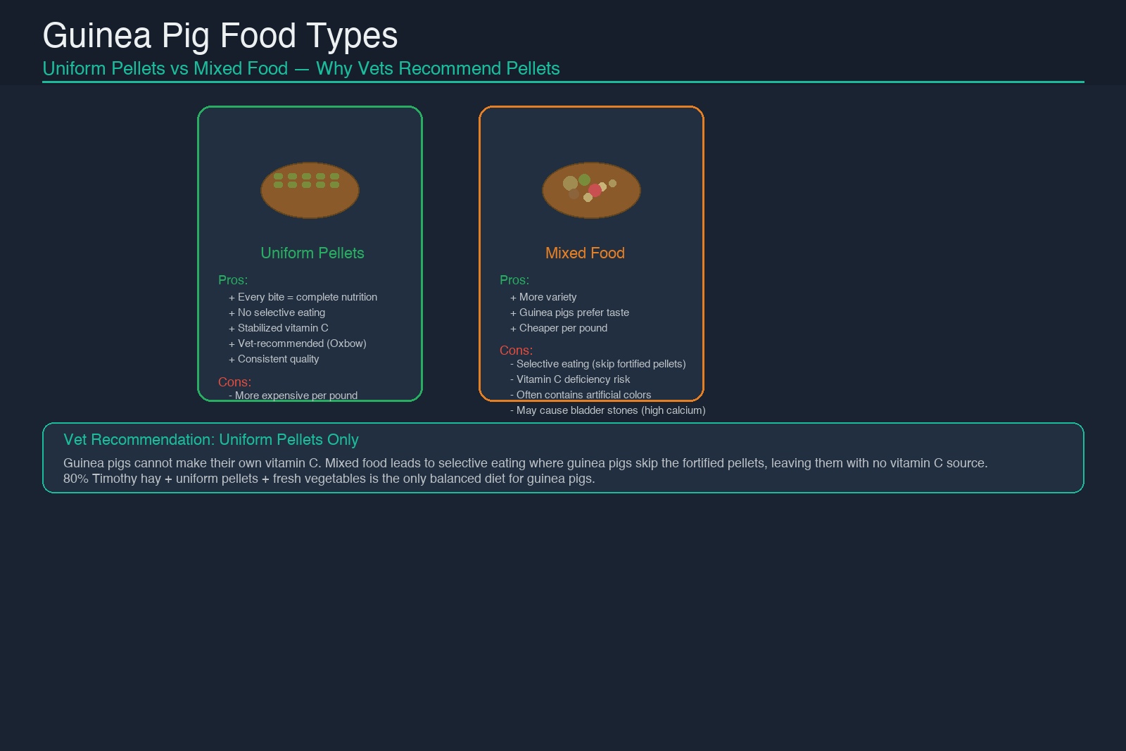 Guinea pig food types comparison: uniform Timothy hay pellets vs mixed food in ceramic bowls, with pros/cons showing why vets recommend uniform pellets to prevent selective eating and vitamin C deficiency