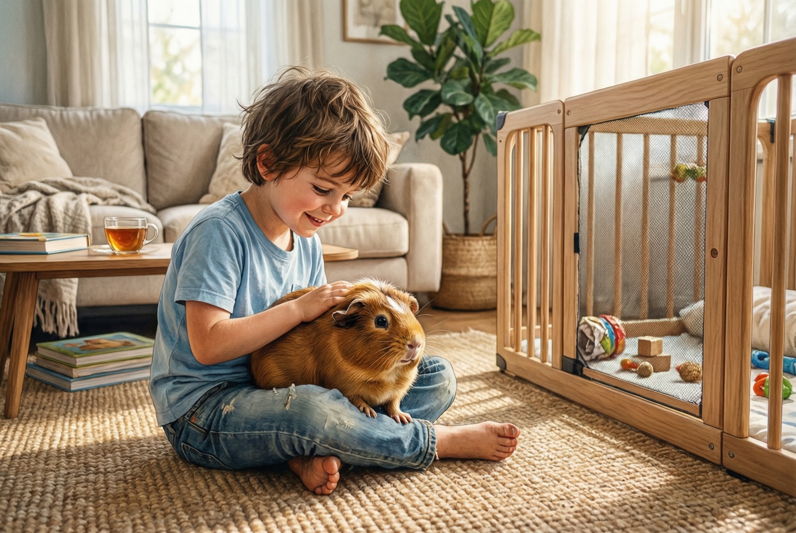 Child sitting on floor gently petting a guinea pig with cage in background, hearts showing love and connection
