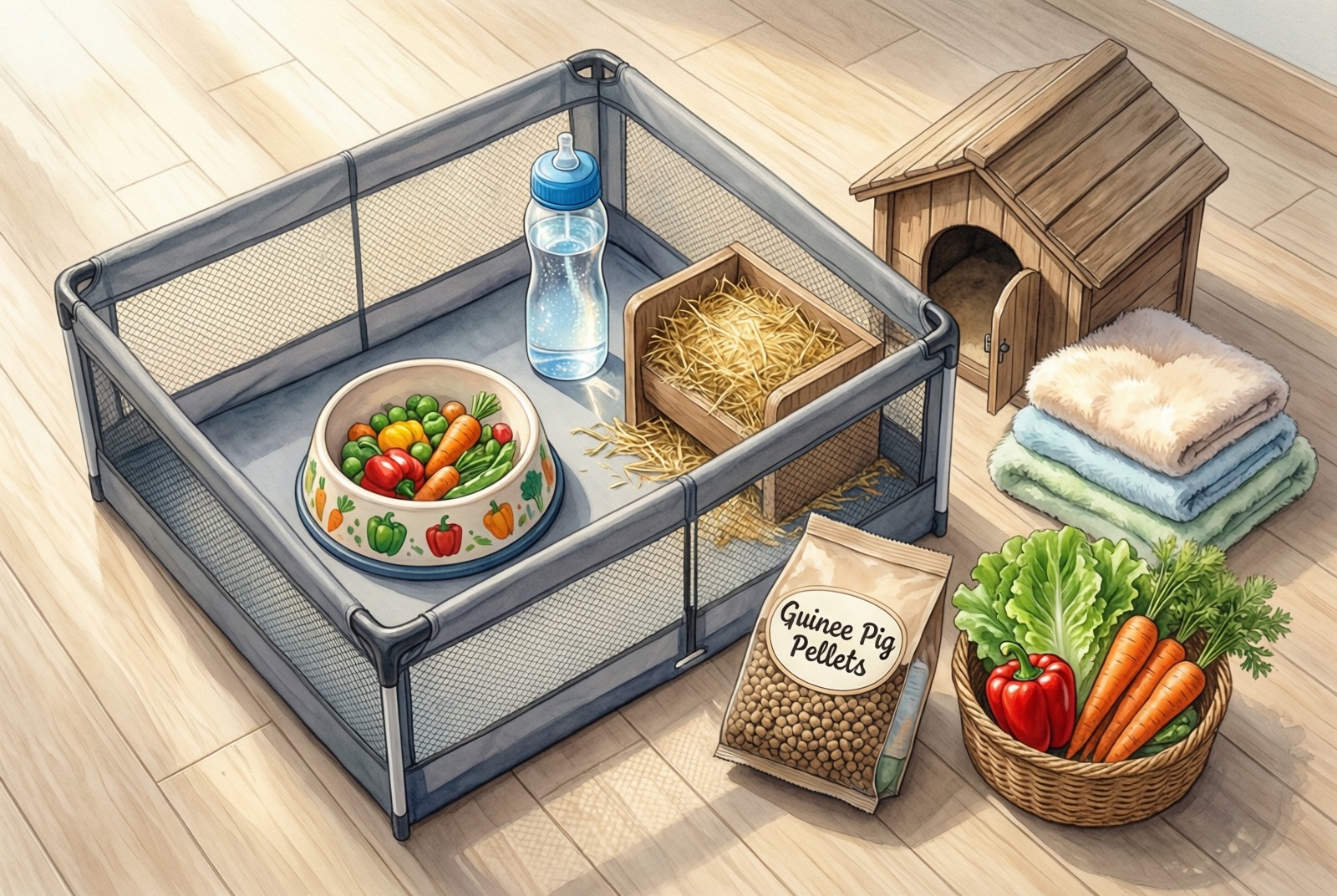 Guinea pig starter kit overhead view showing playpen, food bowl, water bottle, hay feeder, hideout, fleece liner, food bag, bedding, and fresh vegetables with total cost $108-128
