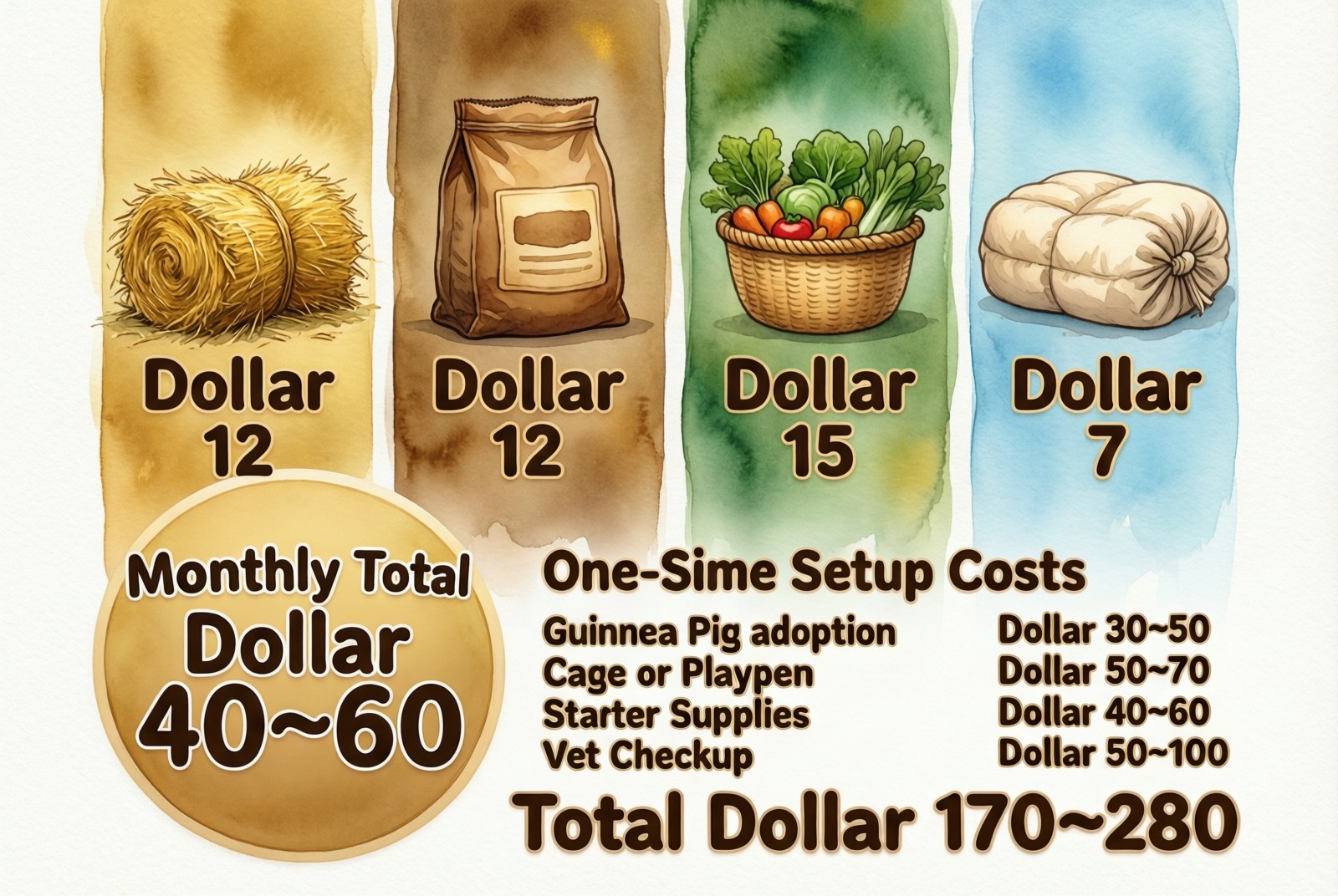 Bar chart showing monthly guinea pig costs breakdown: hay $12, pellets $12, vegetables $15, bedding $7, with total $40-60 per month and one-time setup costs $170-280