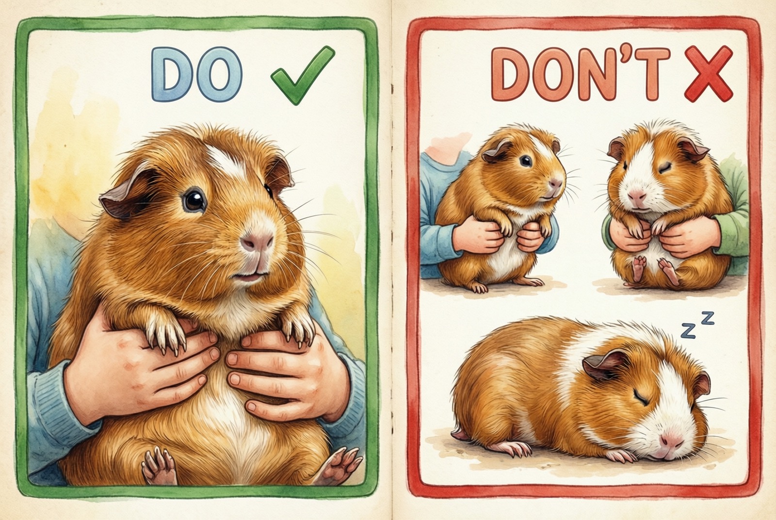 Safe handling tips for kids with DO list (sit on floor, support chest and bottom, hold close, let smell hand first, keep sessions 10-15 min, supervise under 8) and DON'T list (never squeeze, don't hold by legs, never wake sleeping, don't chase, keep fingers from mouth)
