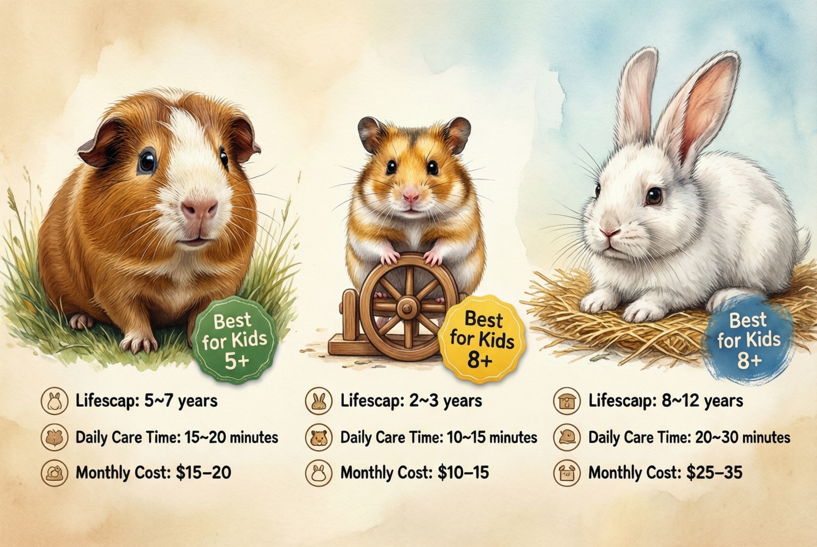 Comparison chart showing guinea pig vs hamster vs rabbit with features like best age, lifespan, daily care time, temperament, activity time, social needs, and monthly cost
