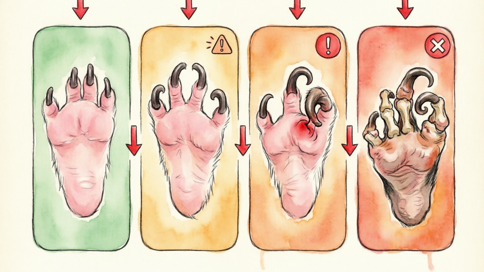 Guinea pig nail overgrowth stages — from healthy to dangerous curl