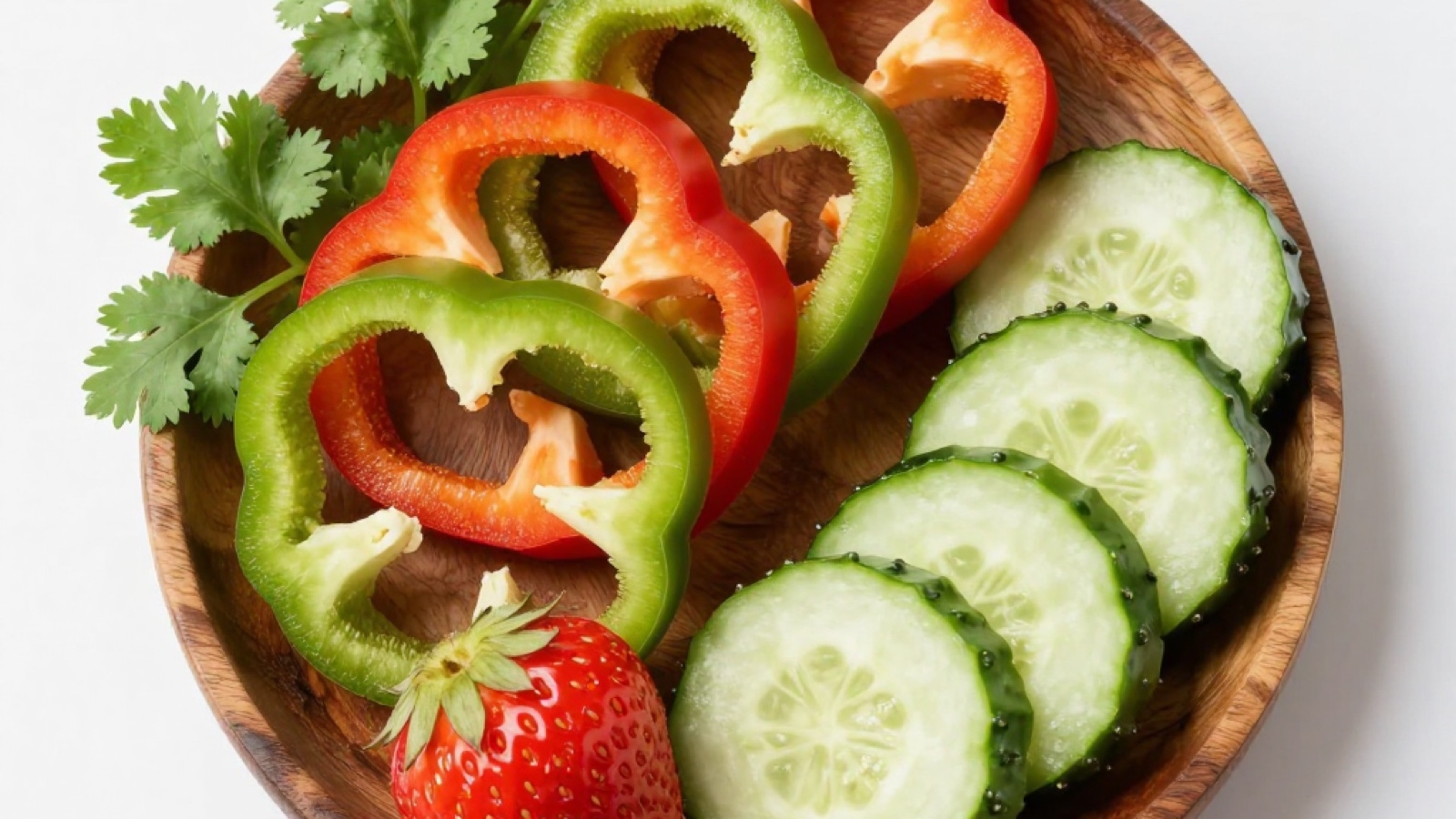 Safe fresh guinea pig treats assortment: red and green bell pepper slices, fresh cilantro, cucumber rounds, and a strawberry arranged on a rustic wooden plate