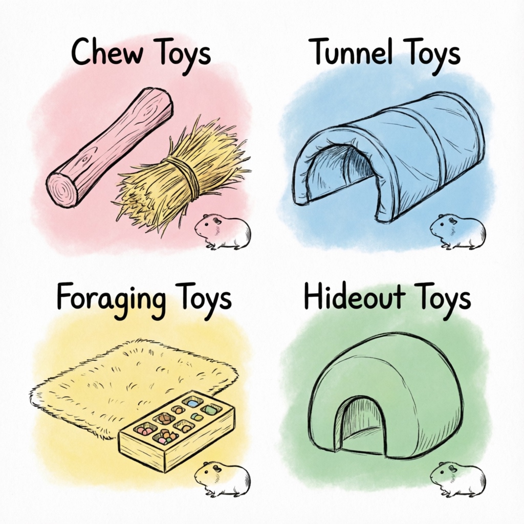 Guinea pig toy types classification infographic showing chew toys, tunnel toys, foraging toys, and hideout toys