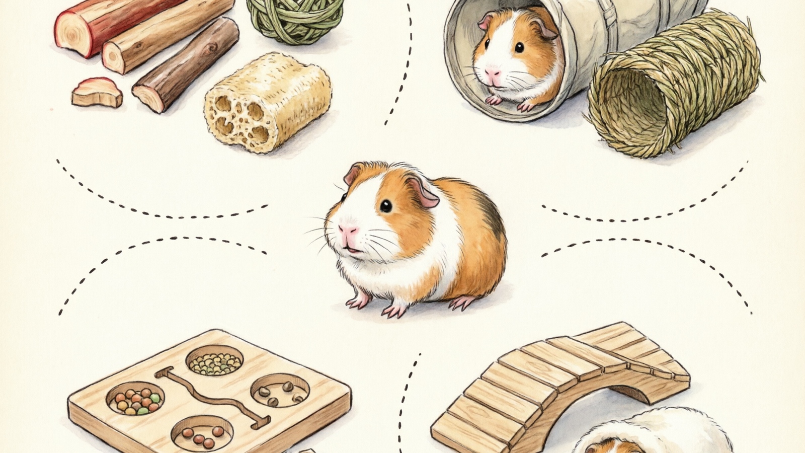 Comparison of four guinea pig toy types: chew toys, tunnels, foraging toys, and hideouts