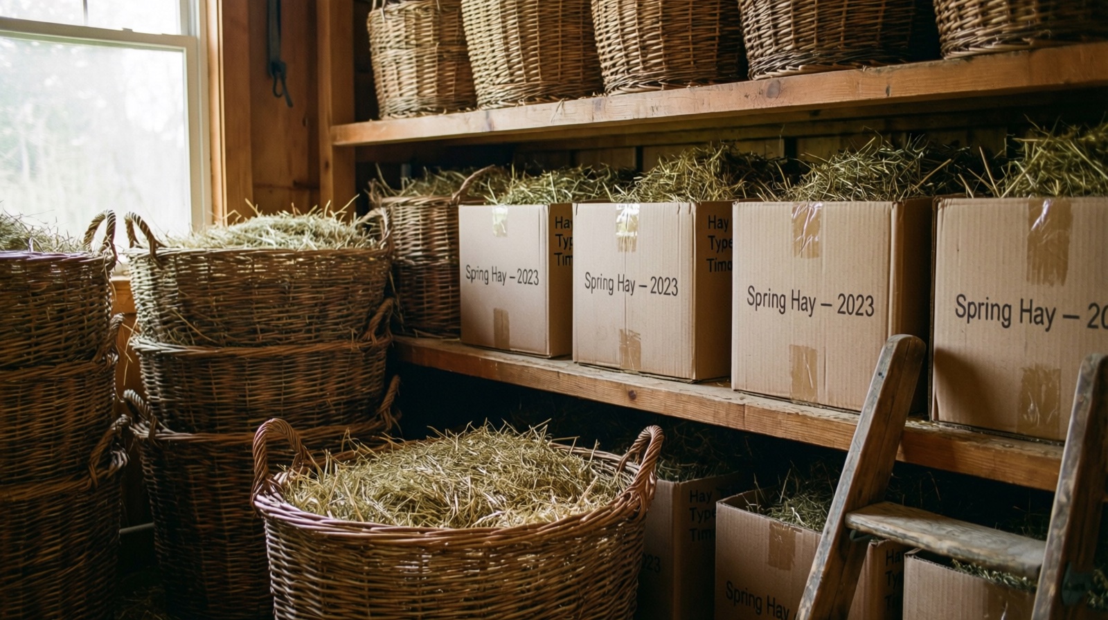 A well-organized hay storage setup with cardboard box in a cool dry pantry