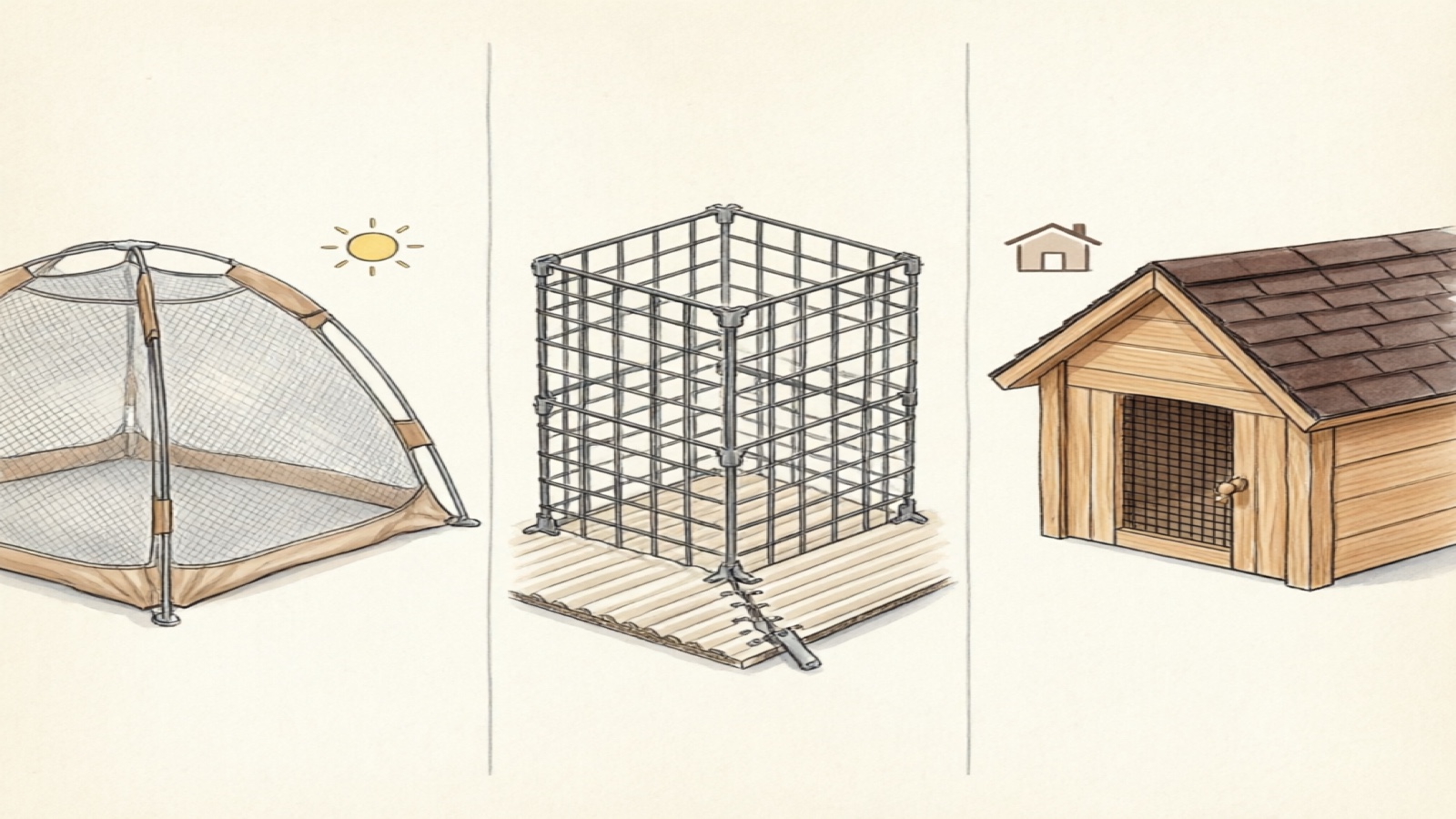 Three types of guinea pig outdoor enclosures compared: pop-up mesh, C&C grid, and wooden hutch