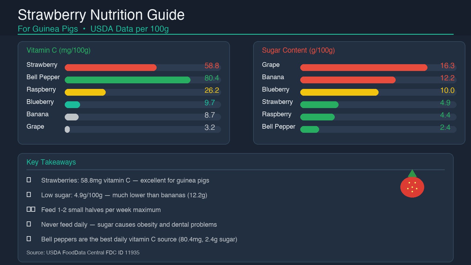 Strawberry nutrition comparison: Vitamin C and sugar content across fruits for guinea pigs