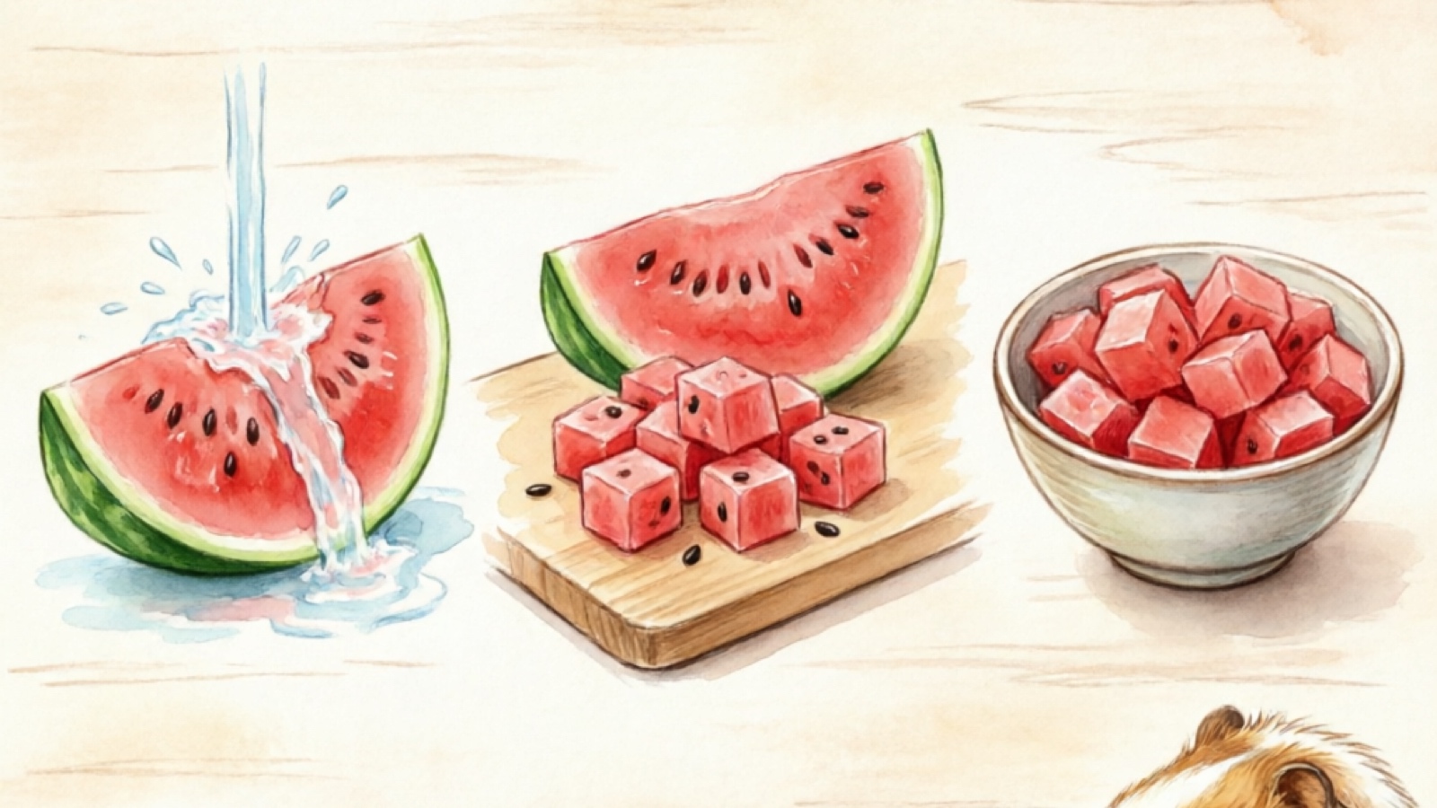 Watermelon preparation steps for guinea pigs: washing, cutting, and serving guide