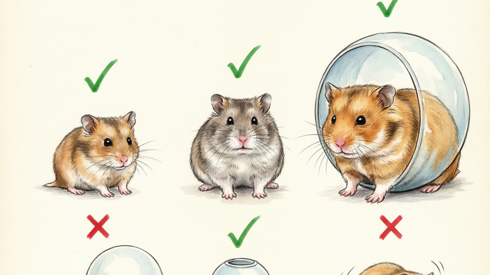 Hamster breed and exercise ball size comparison showing dwarf vs Syrian proportions