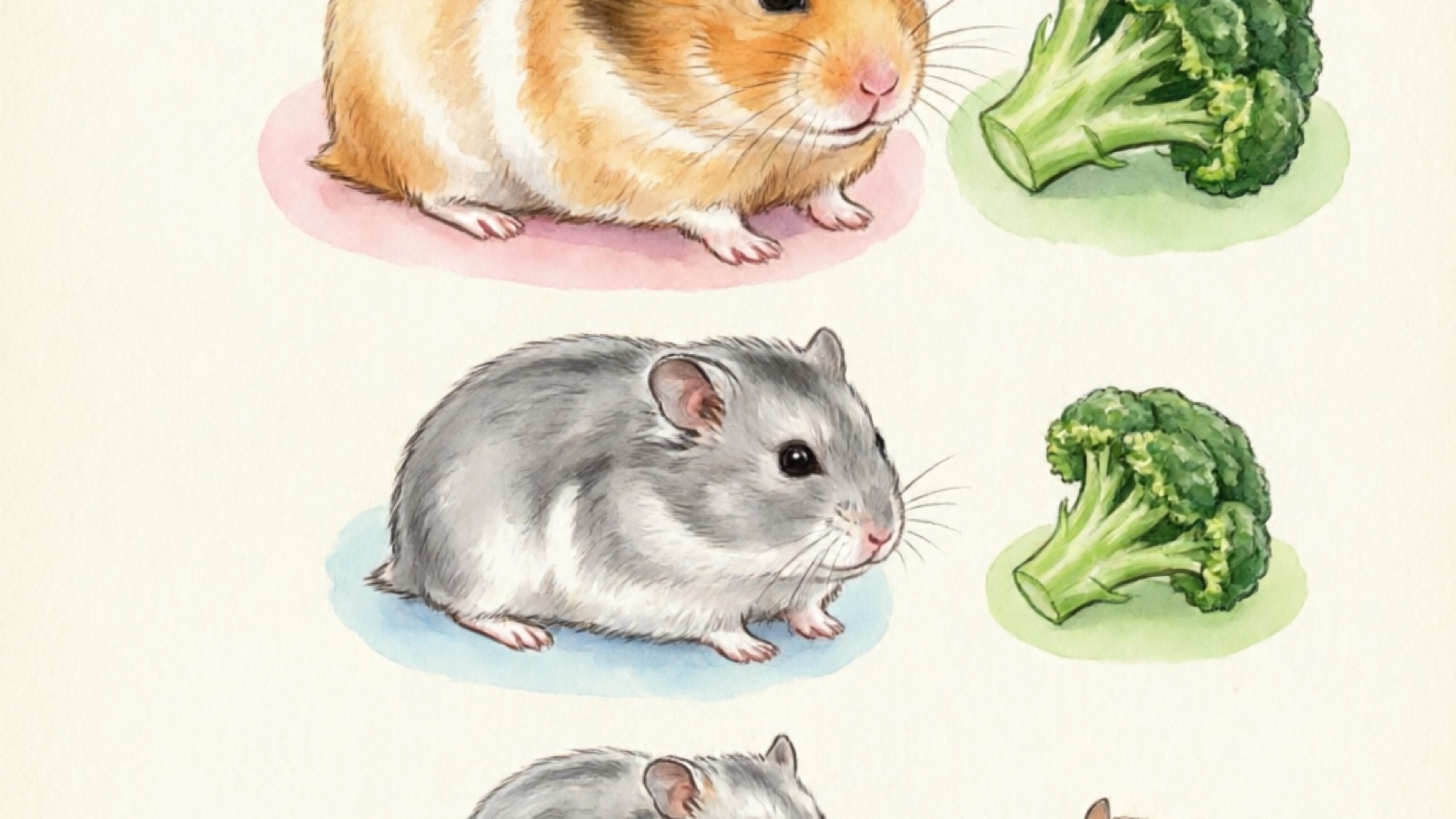 Hamster breed comparison showing broccoli portion sizes: thumbnail for Syrian, pea for Dwarf, lentil for Roborovski