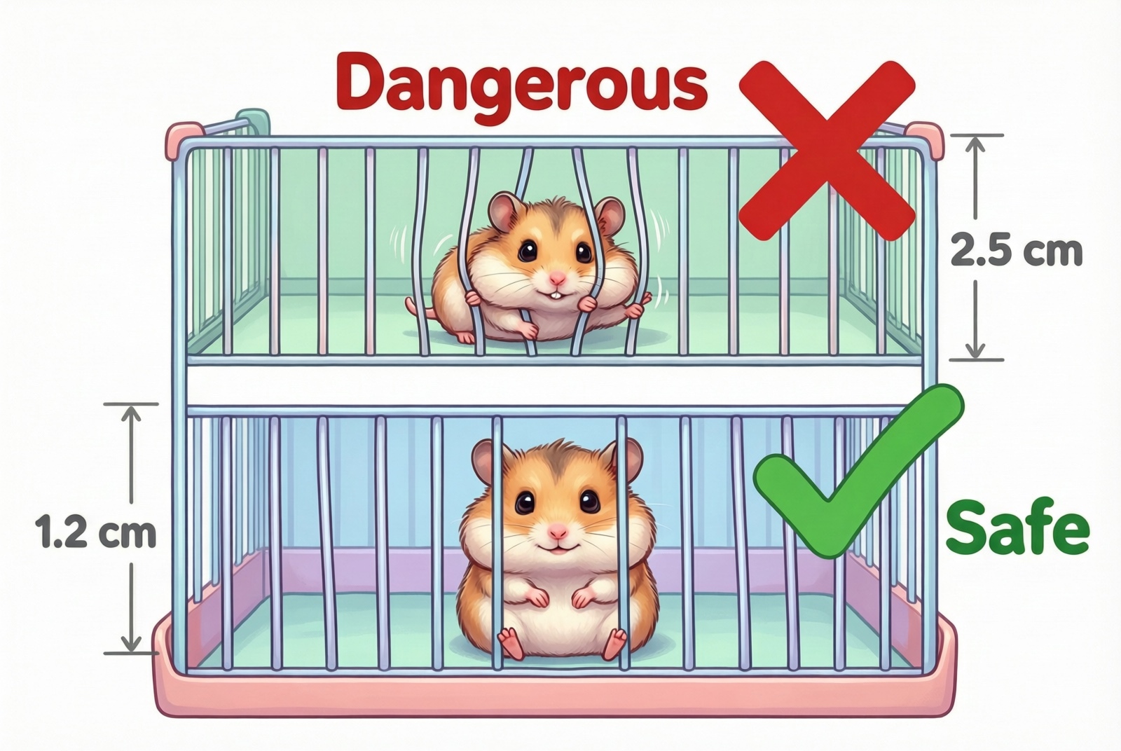 Diagram contrasting 2.5 cm bar spacing, wide enough for a hamster to squeeze through, against 1.2 cm spacing, which is safe for Syrian and dwarf breeds but still too wide for a Roborovski, which needs 0.4 inch or less