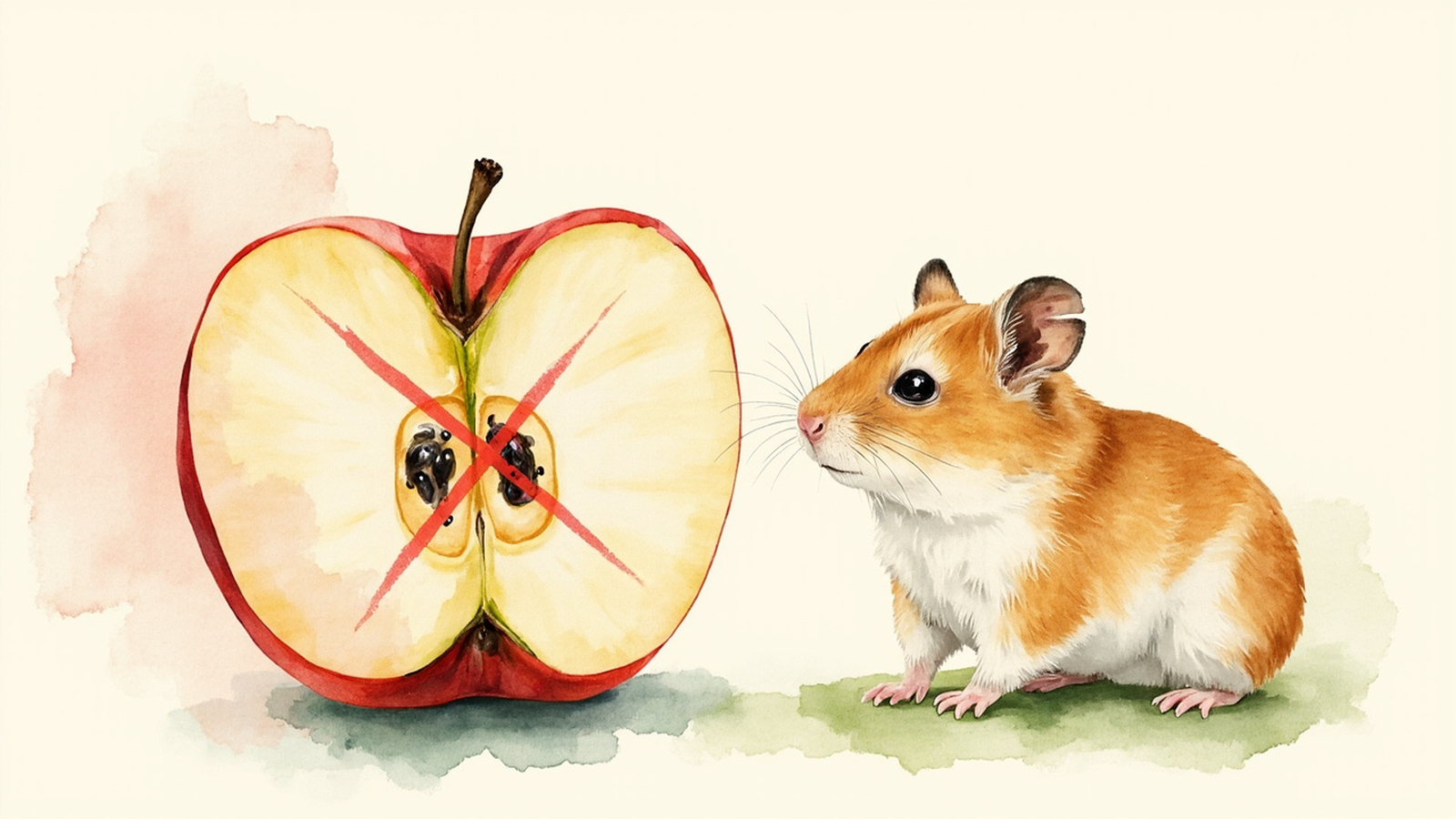Apple cut in half revealing inner core with seeds highlighted by a soft red watercolor X warning mark