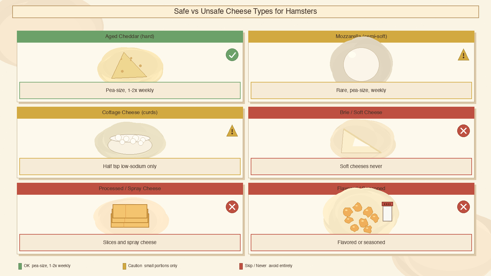 Safe vs Unsafe Cheese Types Visual - hand-drawn watercolor 6-card grid showing cheese safety categories for hamsters: hard cheddar and gouda marked OK in green, mozzarella and cottage cheese in yellow caution, brie and processed slices in red Skip