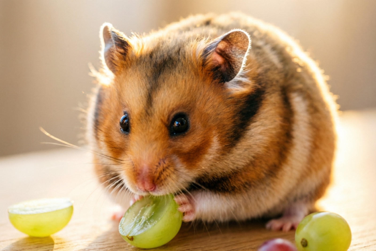 Seedless grape pieces cut into hamster-sized bites Small pieces of green and red seedless grapes cut into hamster-sized bites on a clean plate
