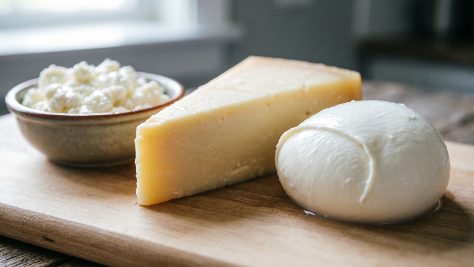 Small pieces of cottage cheese, mild cheddar, and mozzarella arranged for size comparison, with labels showing fat content