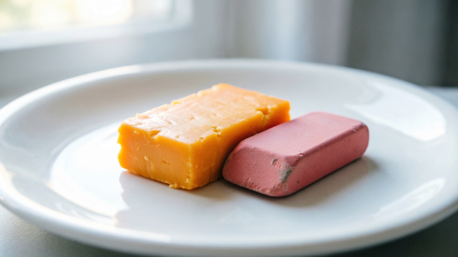 Tiny piece of cheese sized for a hamster, shown next to a pencil eraser for scale comparison