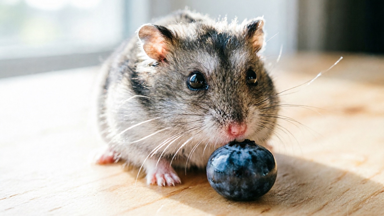 Dwarf hamster sniffing a small blueberry on a clean surface
