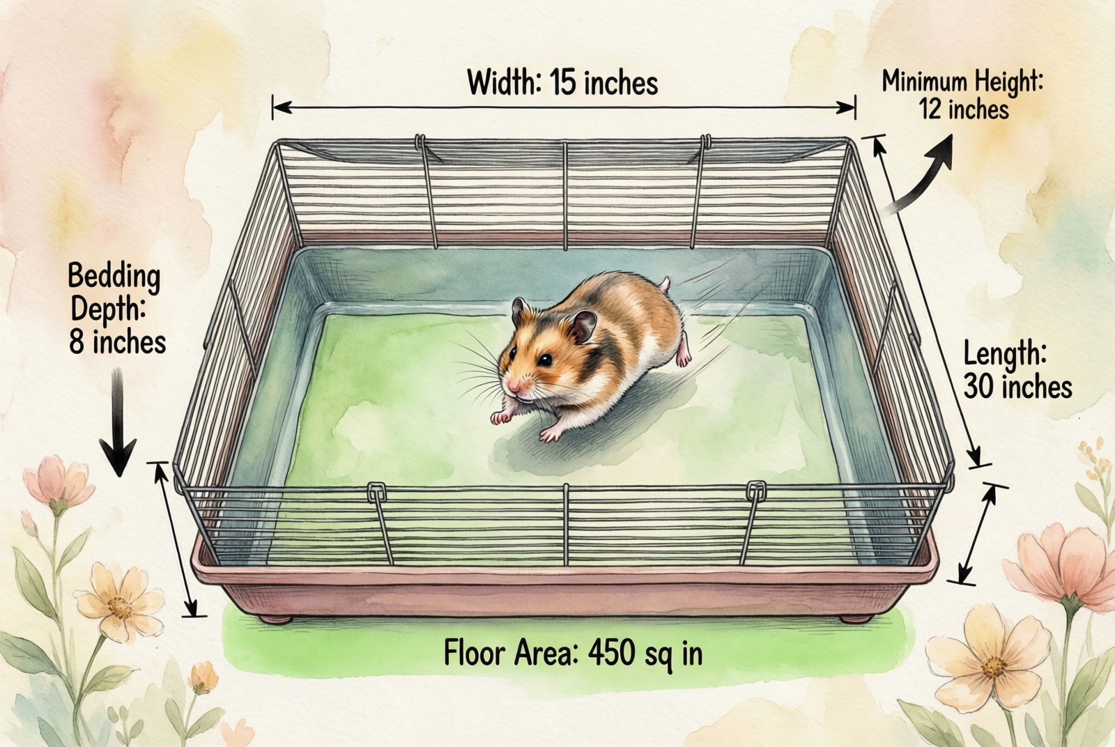 Dwarf hamster cage size requirements diagram showing 30 inches length, 15 inches width, 450 square inches floor area, 8 inches bedding depth, and 12 inches minimum height