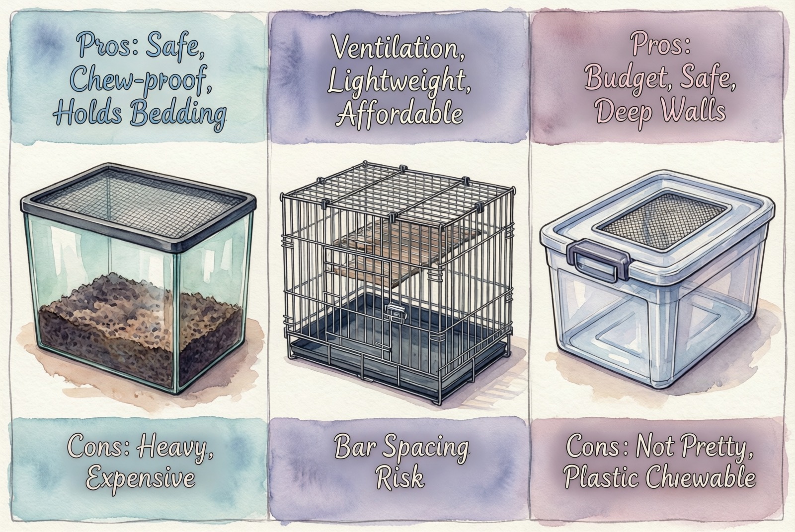 Comparison of three dwarf hamster cage types: Glass Tank (safe, chew-proof, holds bedding but heavy and expensive), Wire Cage (ventilation, lightweight, affordable but bar spacing risk), and Bin Cage (budget, safe, deep walls but not pretty and plastic chewable)