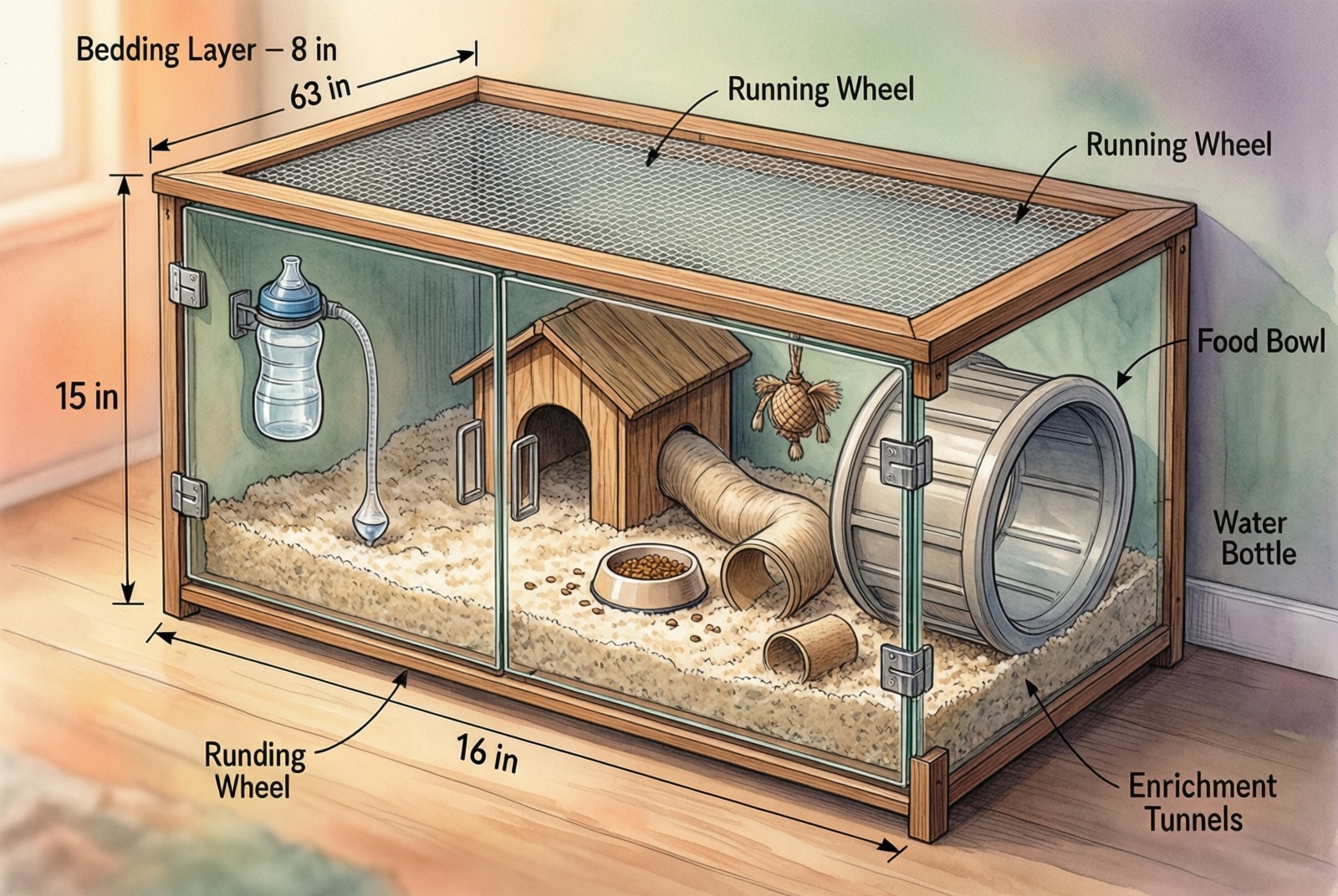 IKEA Detolf glass cabinet converted to dwarf hamster cage, side view showing 63 inches length, 16 inches depth, 15 inches height, with 8 inches bedding layer, running wheel, hideout house, food bowl, water bottle, and enrichment tunnels