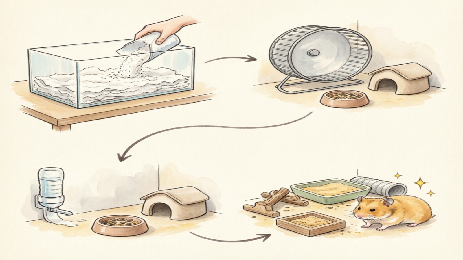 Step-by-step guide to setting up a hamster cage with bedding, wheel, hideout, and enrichment items