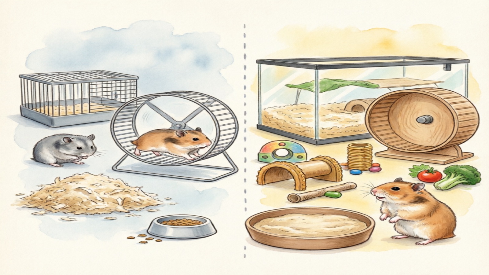 Comparison of common beginner mistakes versus correct hamster care practices
