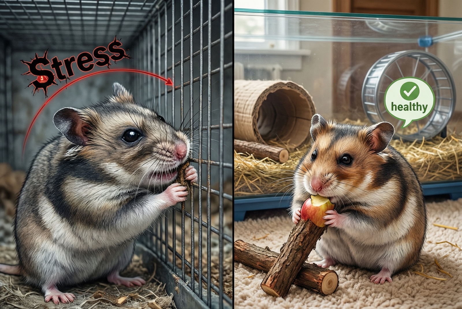 Hamster bar biting vs healthy chewing comparison