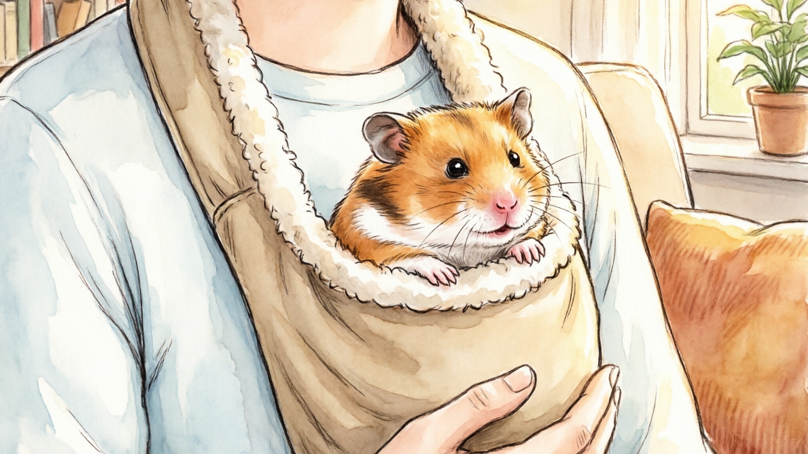 Person sitting on couch wearing a fleece bonding pouch with hamster peeking out
