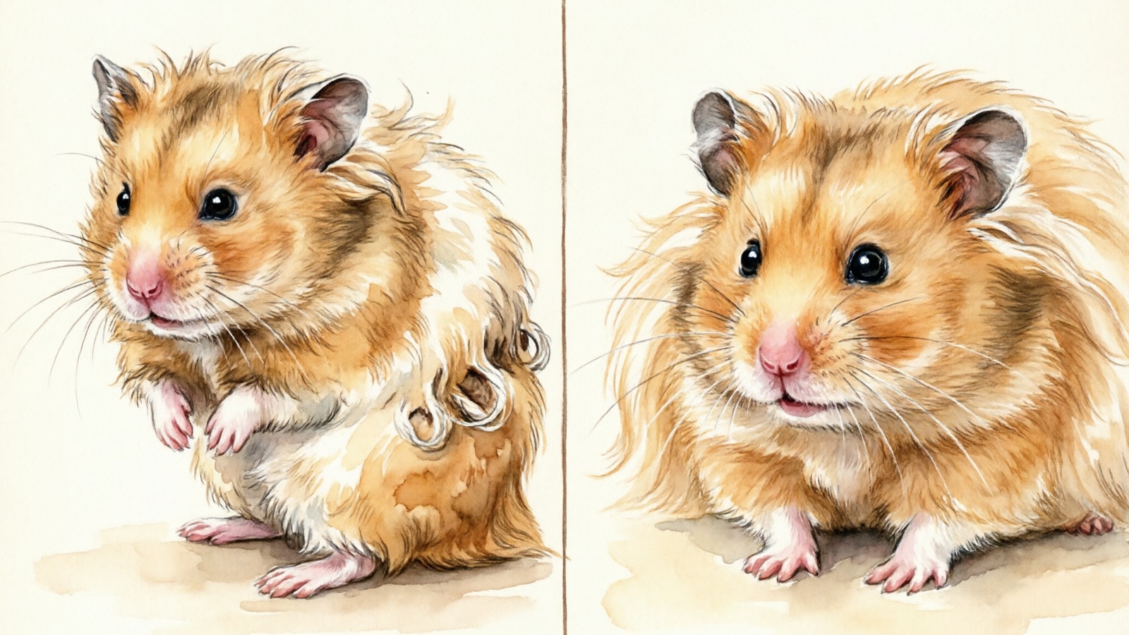 Professional photography before and after comparison of a long-haired Syrian hamster coat condition