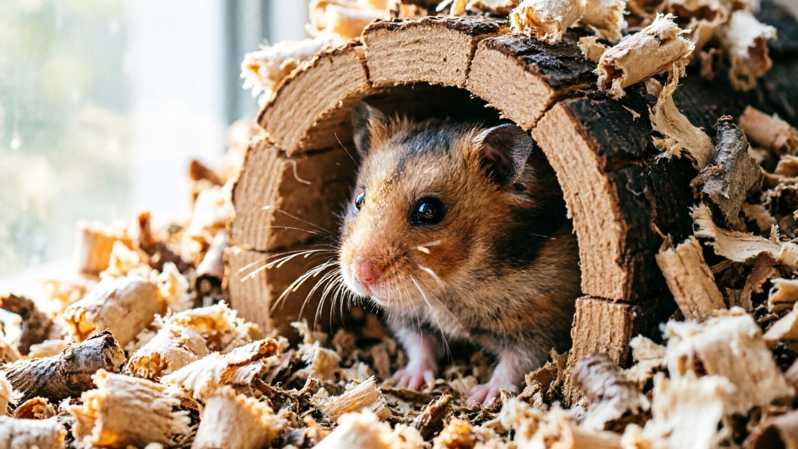 A dwarf hamster actively burrowing in deep bedding inside a glass tank, creating a visible tunnel network, natural lighting from above