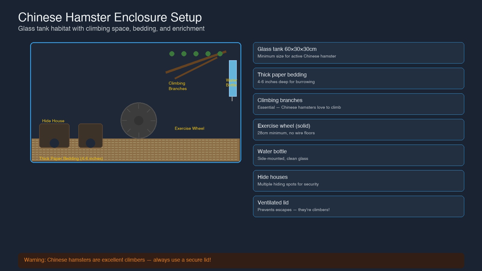 Chinese hamster enclosure setup diagram showing glass tank with climbing branches, thick paper bedding, exercise wheel, hide houses, and water bottle