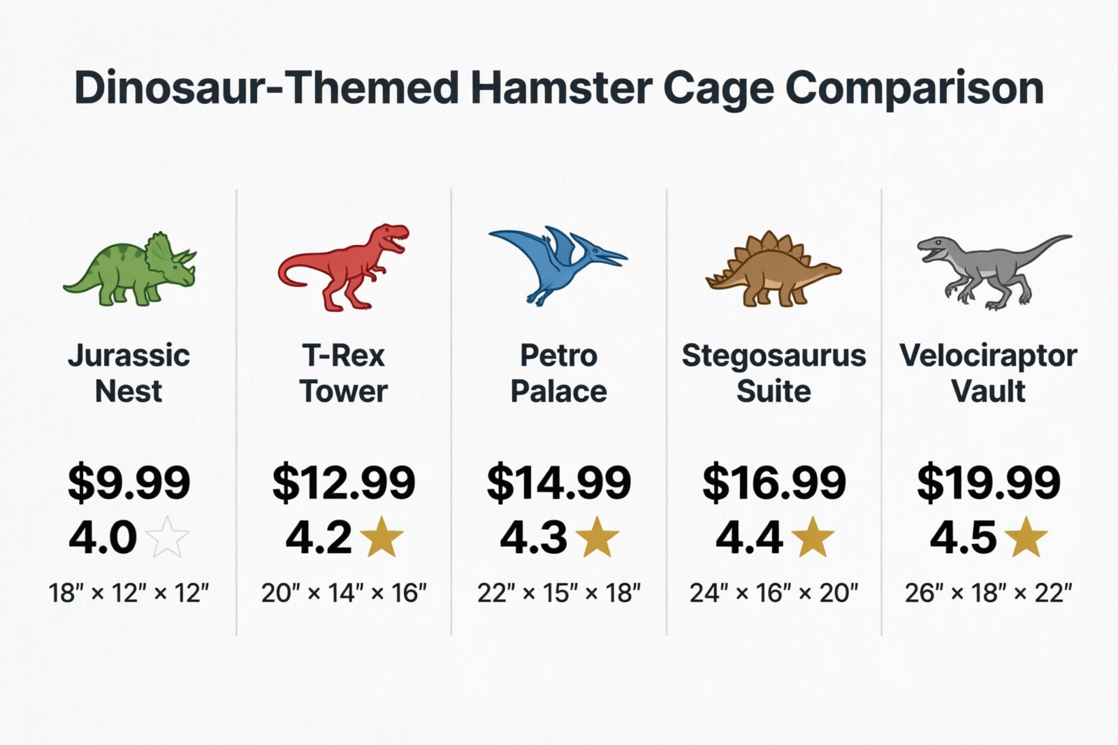 Comparison chart of 5 best hamster cages for dinosaur theme setup, showing prices from $39.99 to $119.99 with ratings and key features