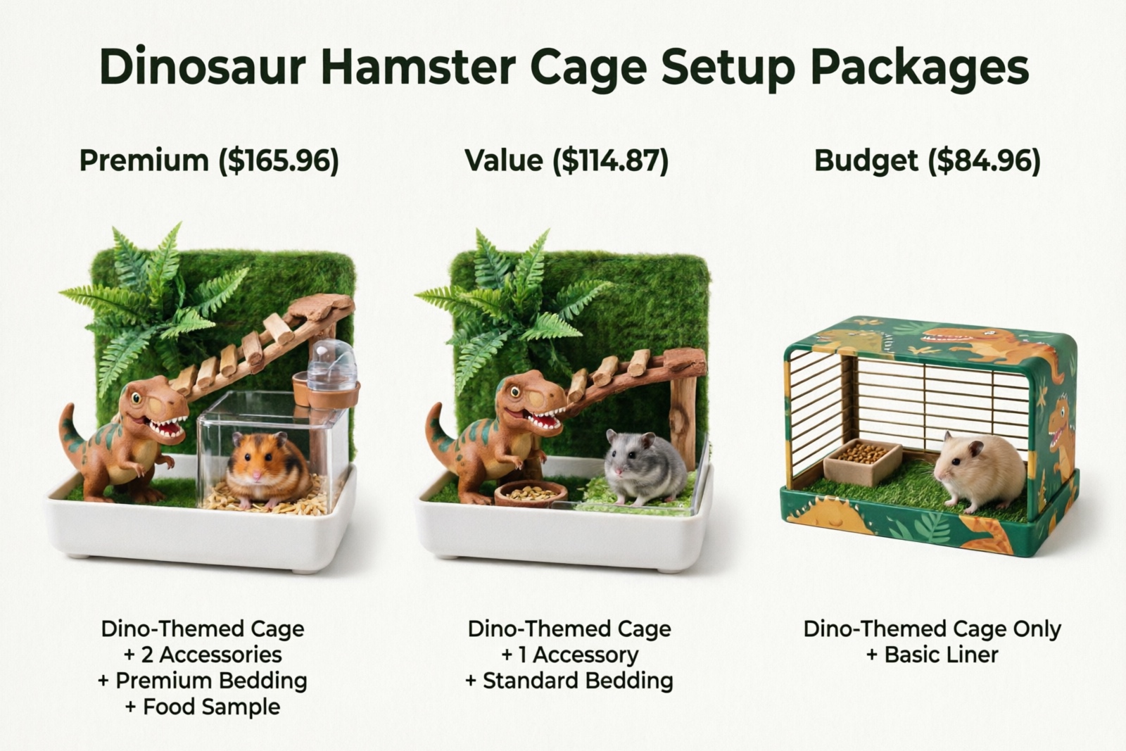 Three complete dinosaur hamster cage setup packages comparison showing Premium ($165), Value ($115), and Budget ($85) options with included items