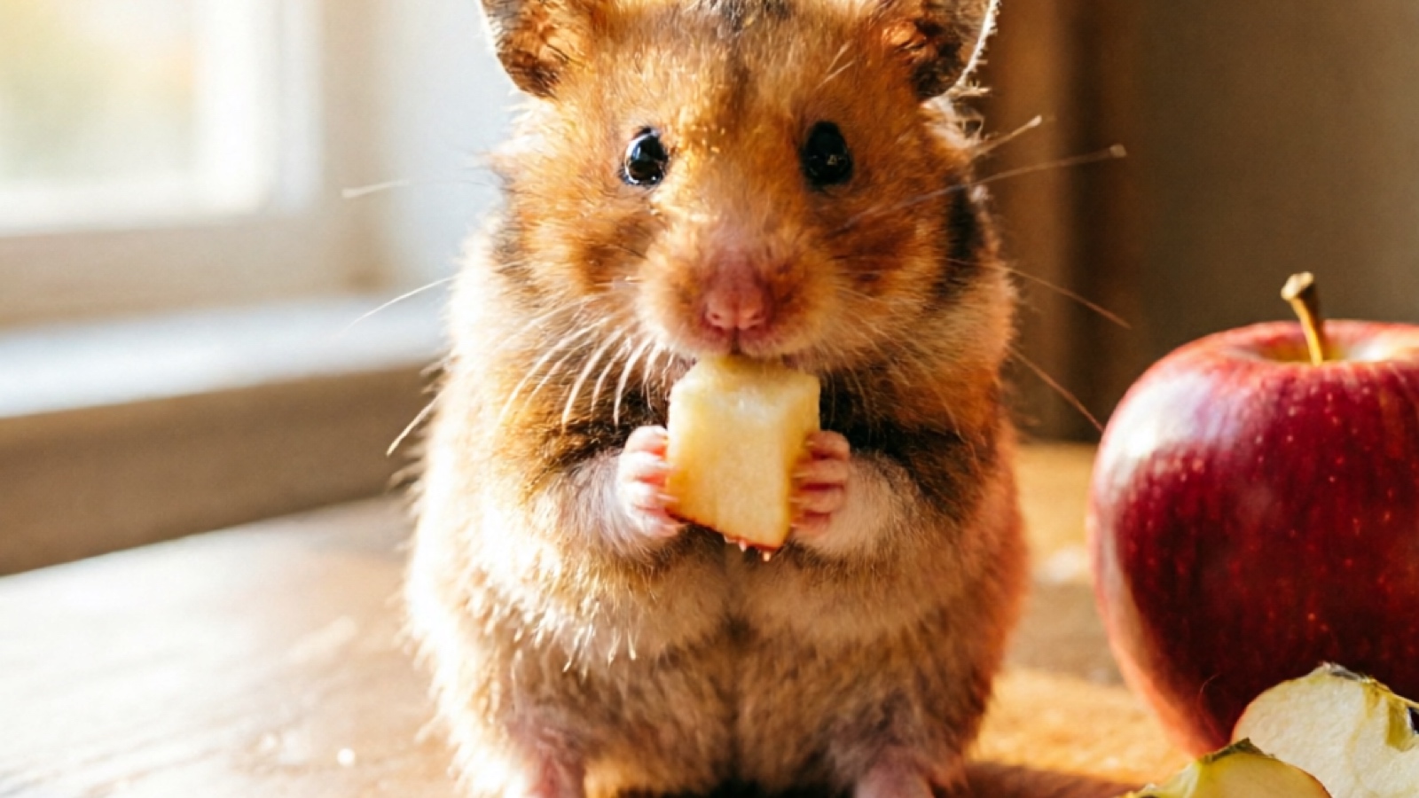 Syrian hamster holding a small piece of fresh apple, demonstrating appropriate portion size