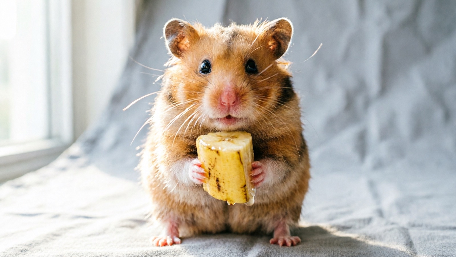 Syrian hamster holding a small piece of banana in its paws