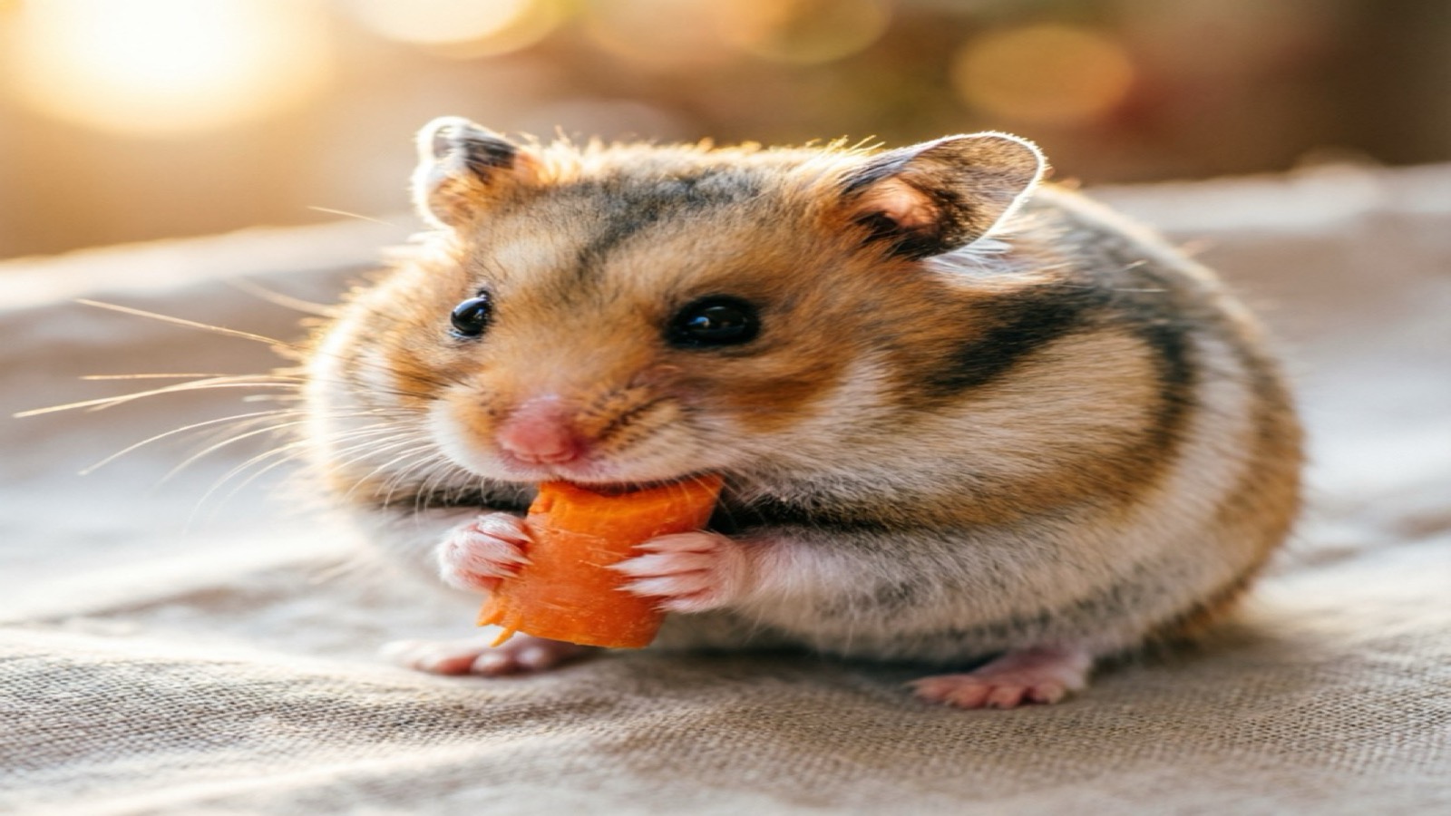 A Syrian hamster happily nibbling on a small bright orange carrot slice, close-up shot showing the hamster's tiny paws holding the treat