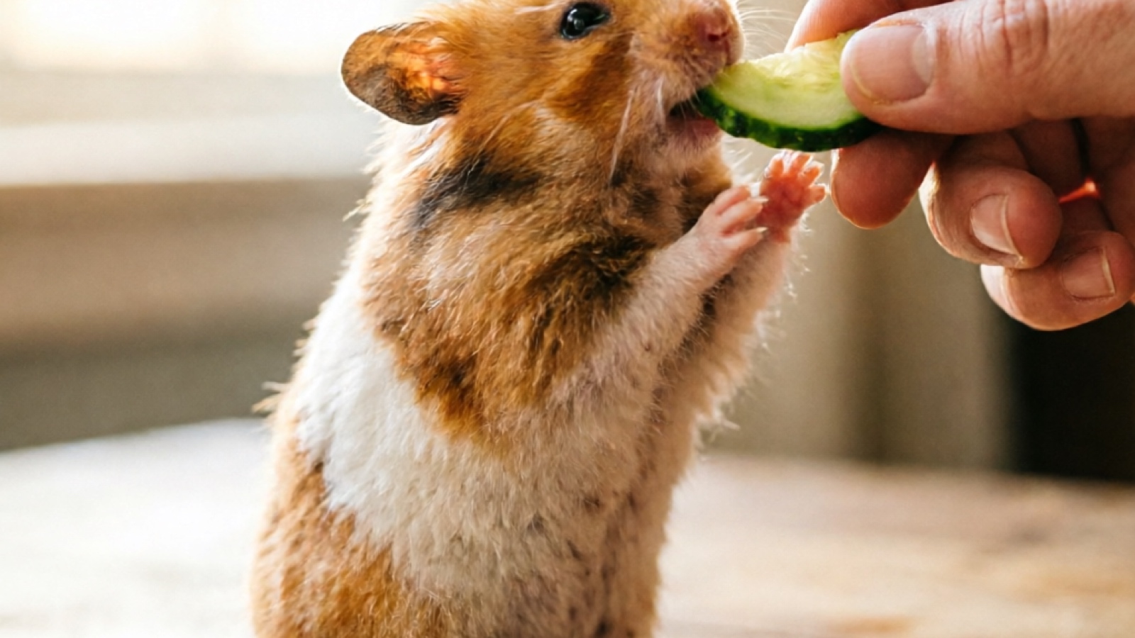 Hamster eating a cucumber slice as a hydrating treat Hamster holding a thin cucumber slice, comparison of portion sizes by breed