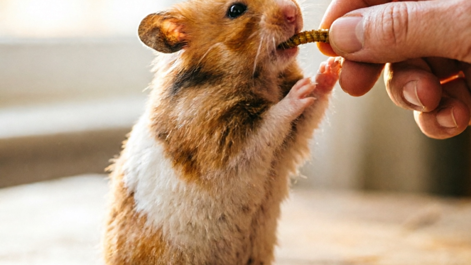Hamster holding a dried mealworm in its paws, being hand-fed by a person