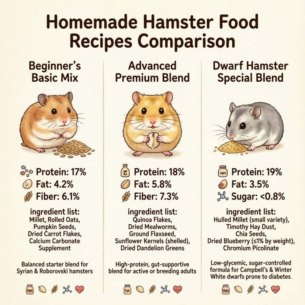 Three homemade hamster food recipes comparison chart showing Beginner's Basic Mix (17% protein), Advanced Premium Blend (18% protein), and Dwarf Hamster Special Blend (19% protein) with key ingredients and nutritional breakdown