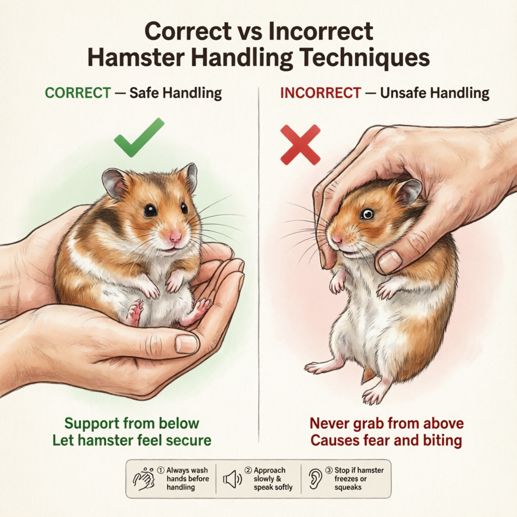Side-by-side comparison showing correct hamster handling (supporting body with both hands, gentle grip) vs incorrect handling (grabbing from above, squeezing too tight) with labeled instructions