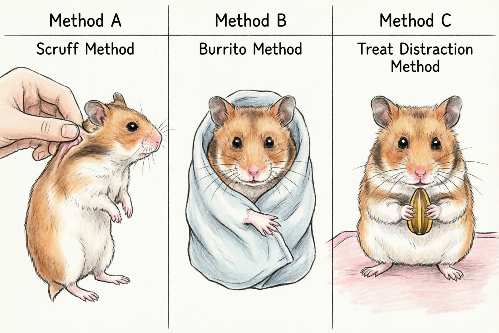 Hand-drawn diagram comparing 3 hamster holding methods for nail trimming
