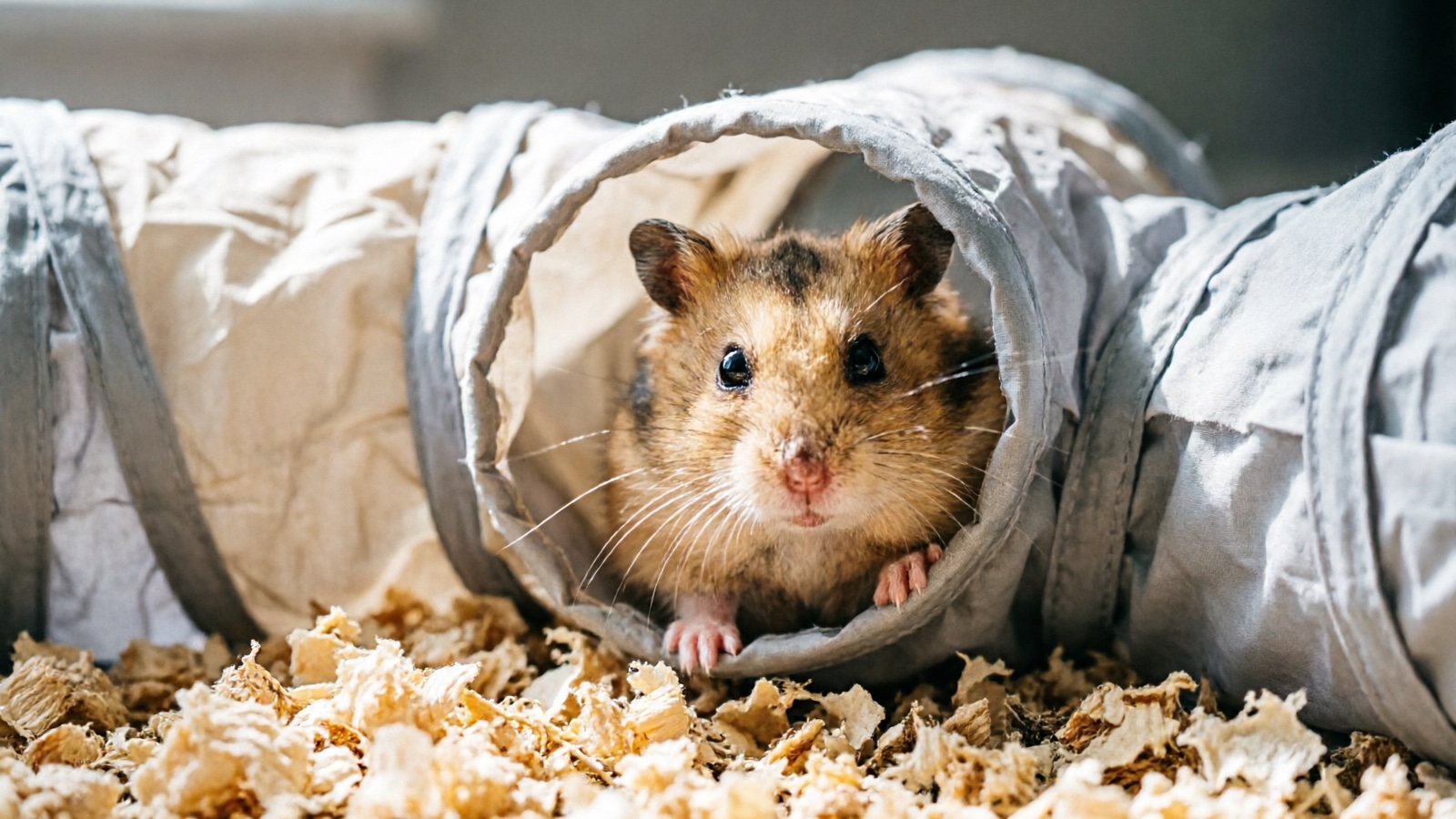 Hamster inside a wooden tunnel hideout toy in a natural cage setup