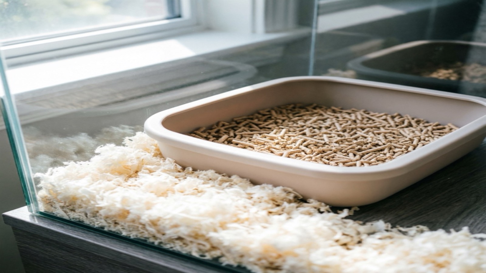 Close-up of a small corner litter box inside a hamster cage filled with paper pellets, with clean loose bedding surrounding it
