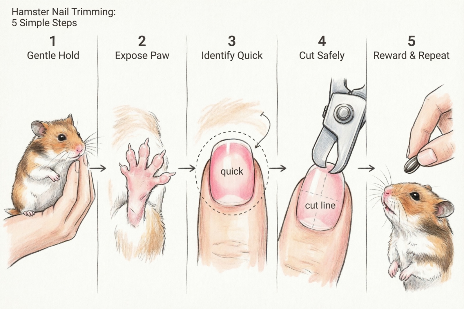 Hand-drawn diagram showing 5 steps of hamster nail trimming