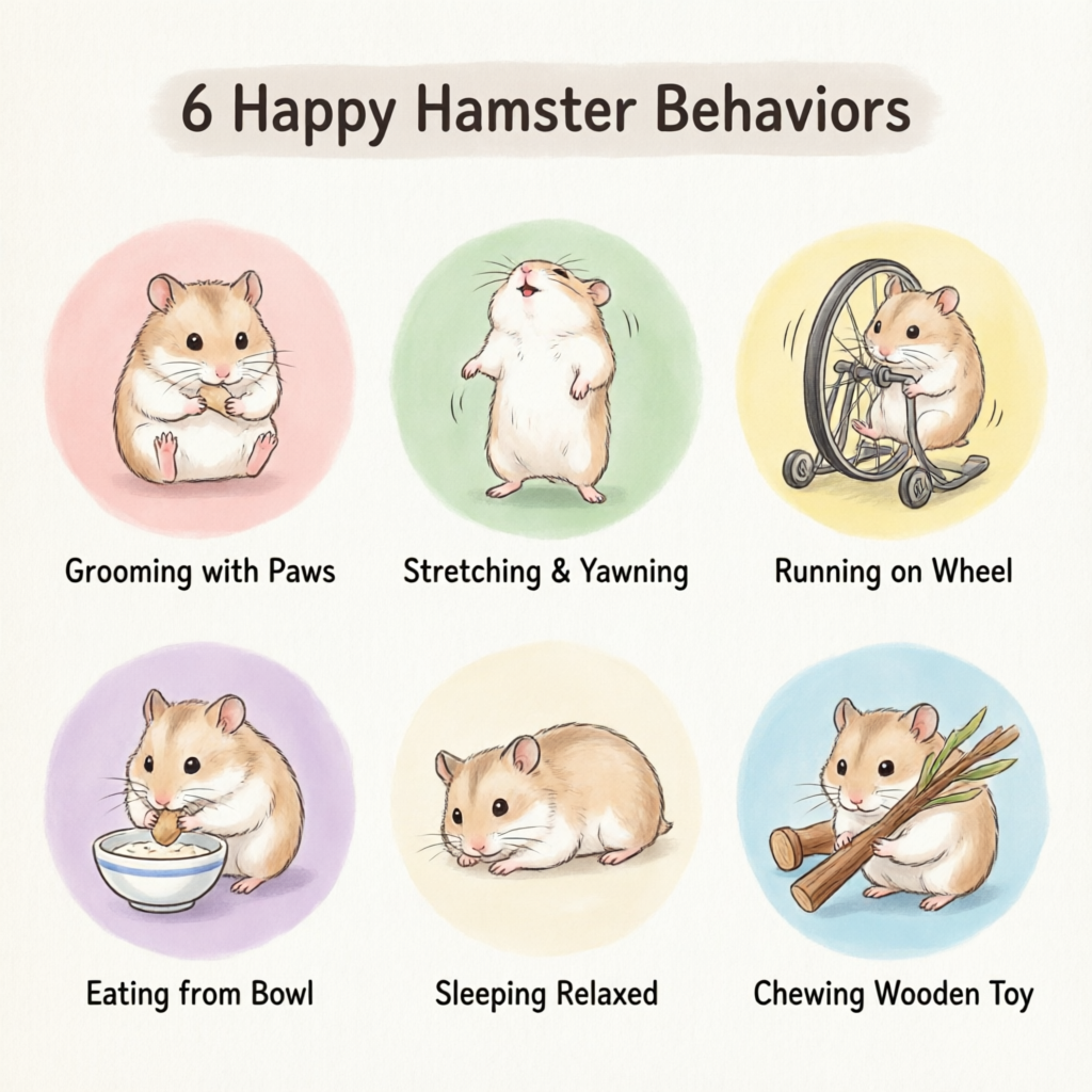 Infographic showing 6 positive hamster behaviors with cute illustrations: hamster grooming itself, stretching and yawning, running on wheel, eating from bowl, sleeping in open position, and chewing on wooden toy